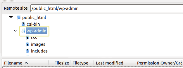 Screenshot of the wp-admin folder as seen from an FTP manager.