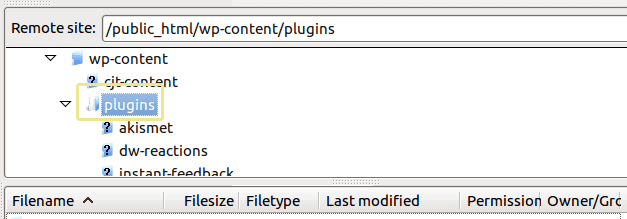 A screenshot of the plugins folder as seen from an FTP manager.