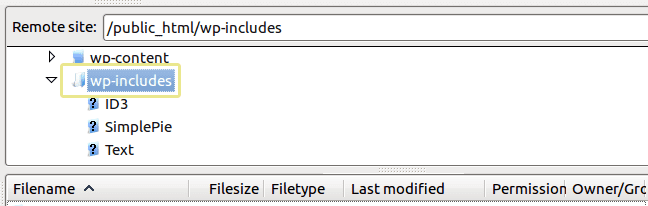 A screenshot of the wp-includes folder as seen from an FTP file manager.