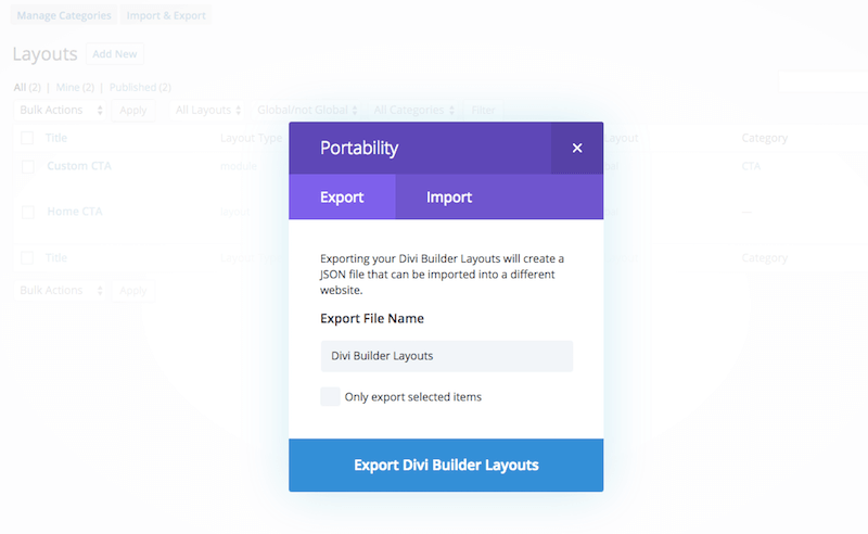 Divi Library export settings