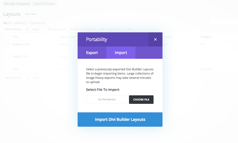 Divi Library import settings