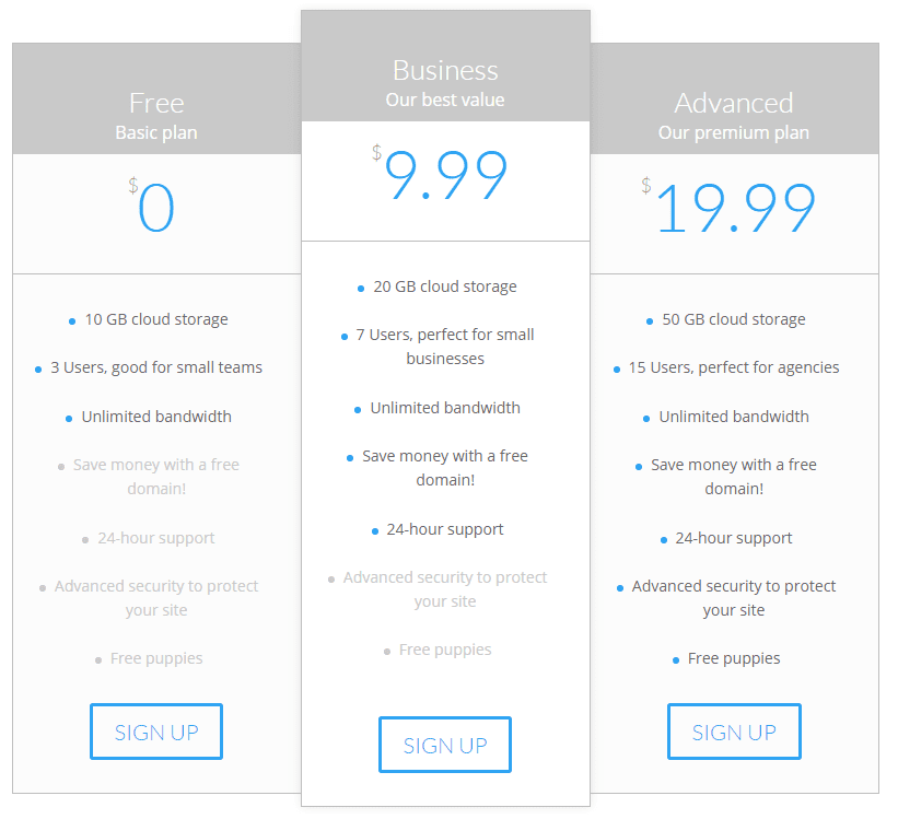 An example of a Divi pricing table which focuses on the benefits to the customer.