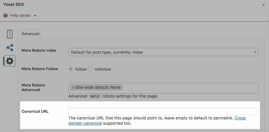 Yoast SEO's Canonical URL field.