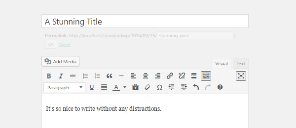 A screenshot of the WordPress editor in distraction free mode