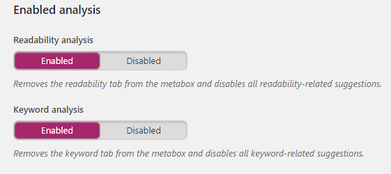 A screenshot of the options to disable keyword and readability analyses.