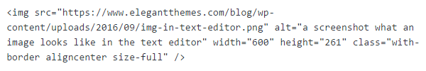 An image in the text editor is displayed as HTML code, not as an image