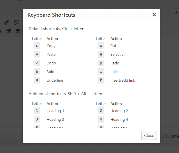 The Keyboards Shortcuts menu
