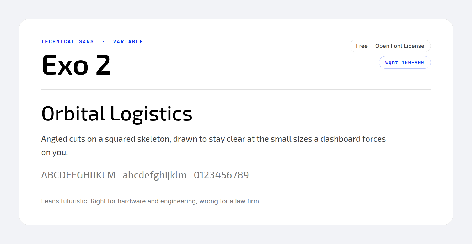 The Exo 2 technical variable font specimen