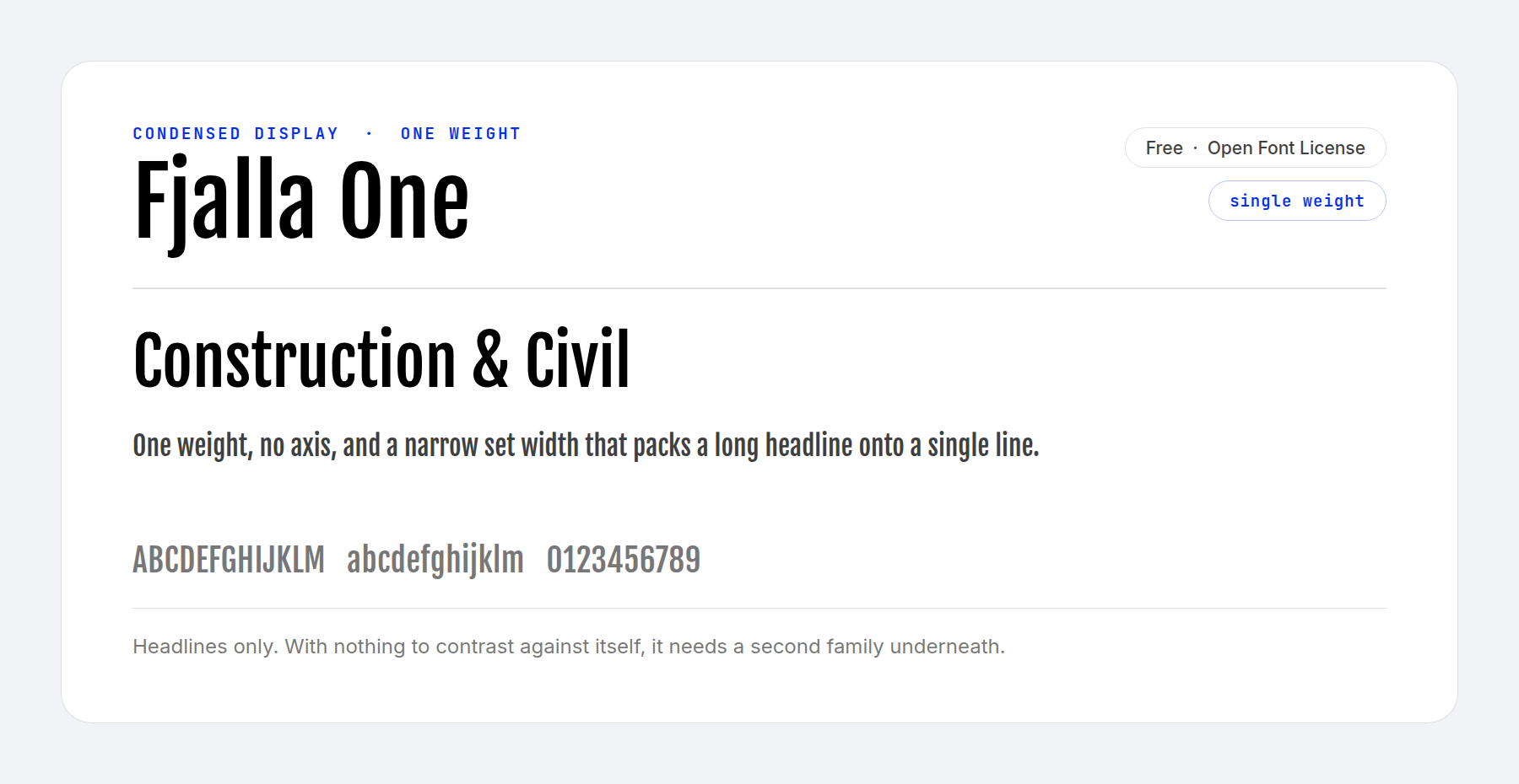 The Fjalla One condensed display font in its single weight