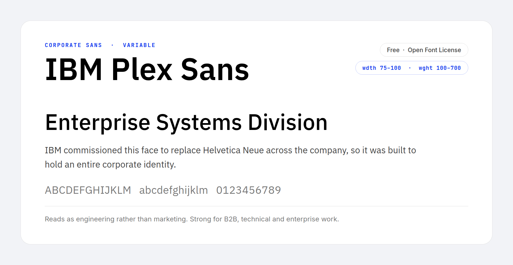 The IBM Plex Sans corporate typeface at heading and body sizes