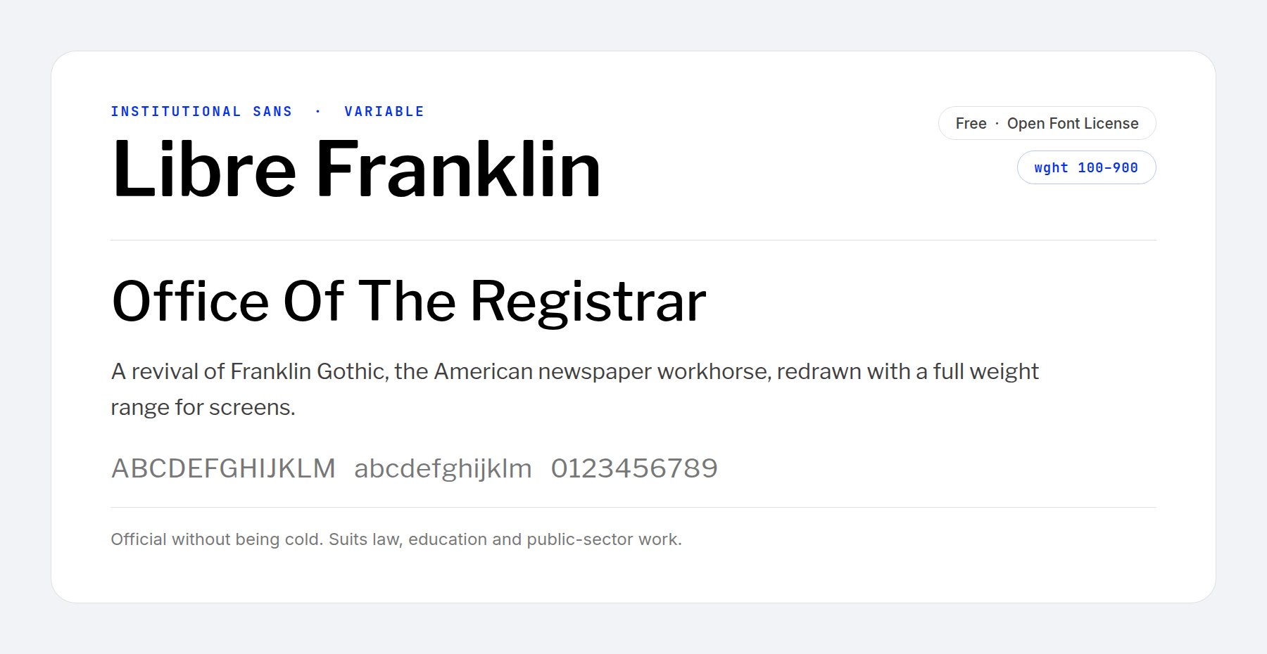 The Libre Franklin variable font set as institutional headings