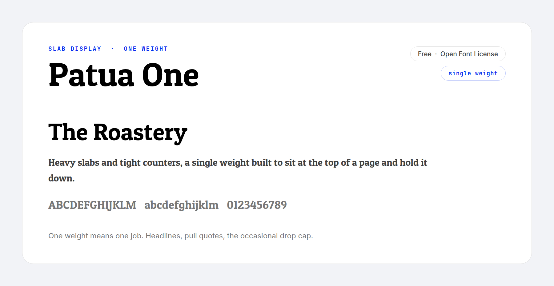 The Patua One slab display font in its single weight