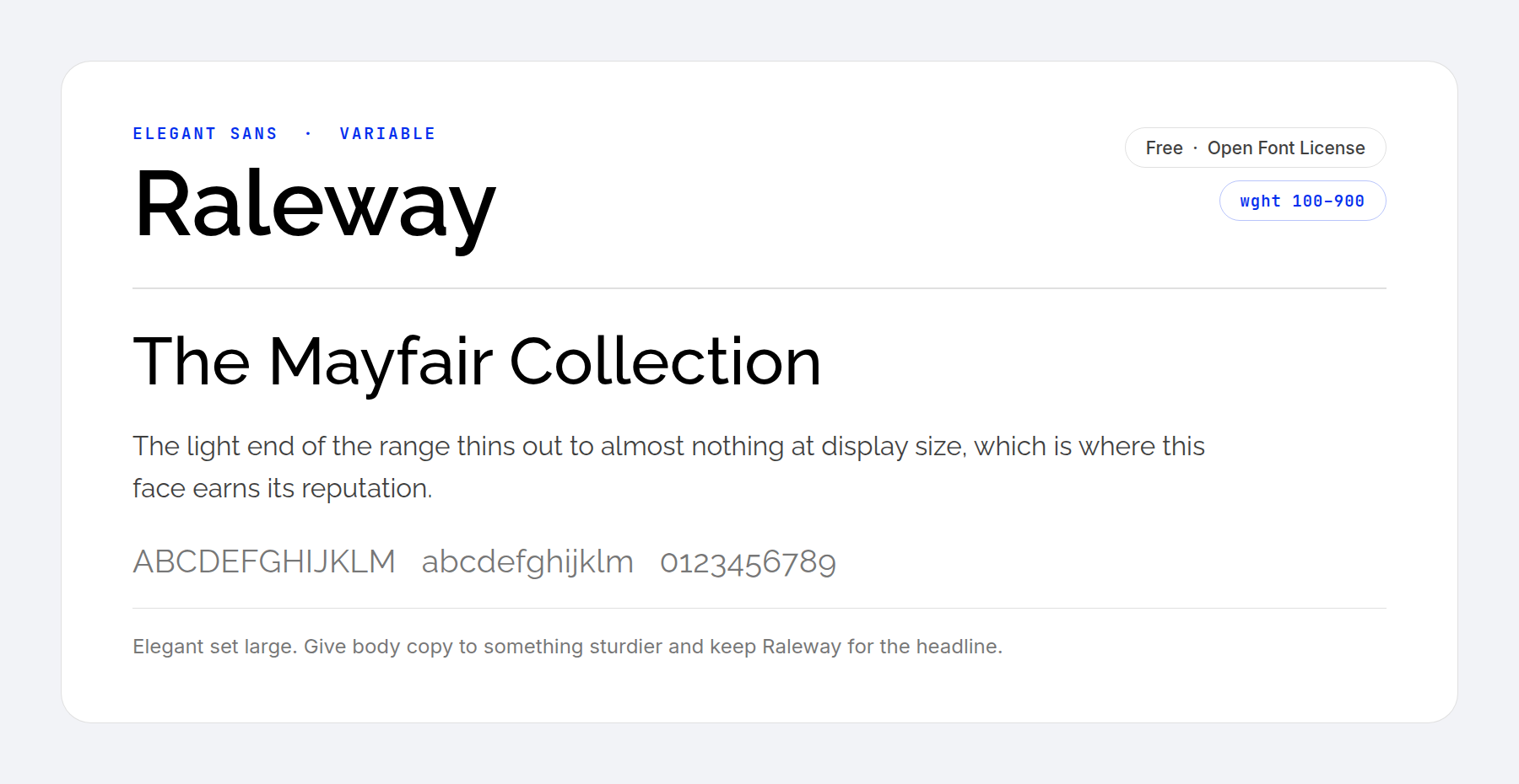 The Raleway variable font showing its light and heavy weights