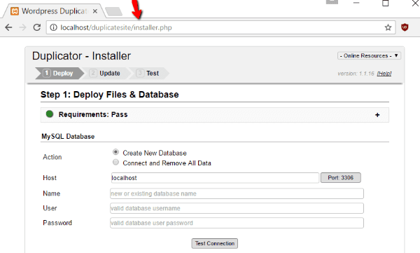 Duplicator New Site Installer