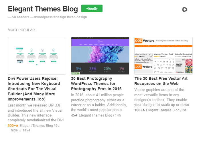 The Elegant Themes RSS feed, as seen from Feedly.