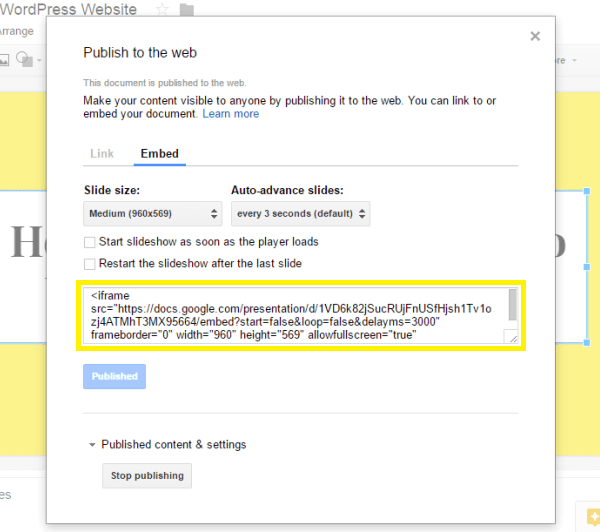 The 'Publish to the web' screen in Google Slides.