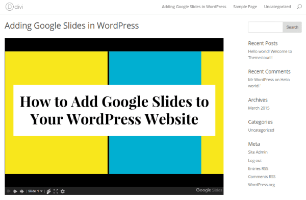 Preview of Google Slides in WordPress.