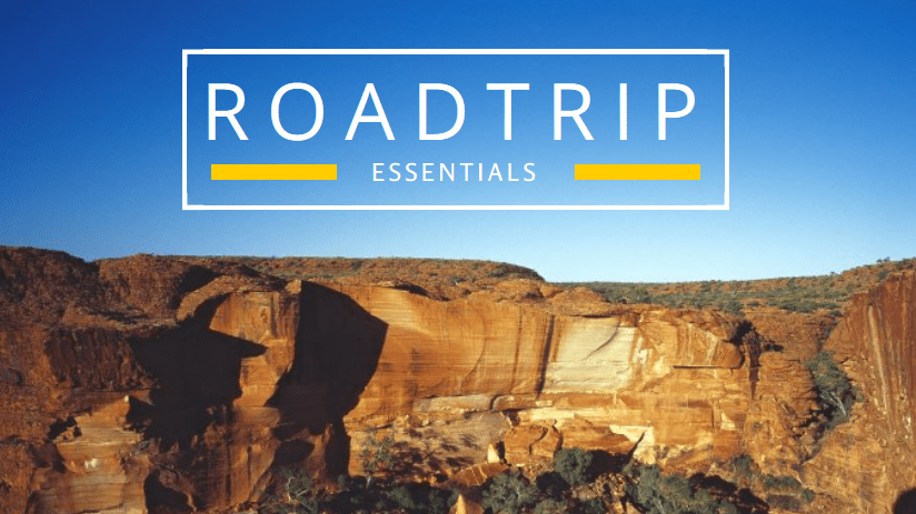 A Canva blog title with an image of a cliff and the title "Roadtrip Essentials".