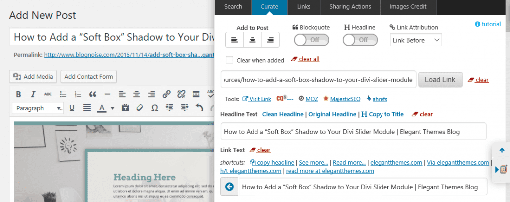 The WordPress post editor screen with the Curation Suite sidebar