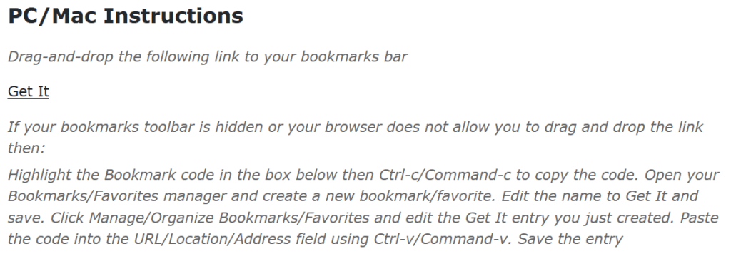 The Get It bookmarklet and instructions for adding it to the bookmarks ttolbar