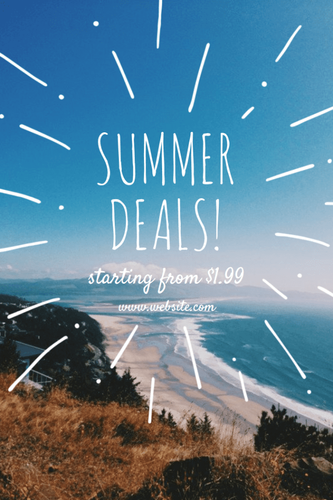 A Canva Pinterest graphic showing a picture of a beach and the title "Summer Deals!"