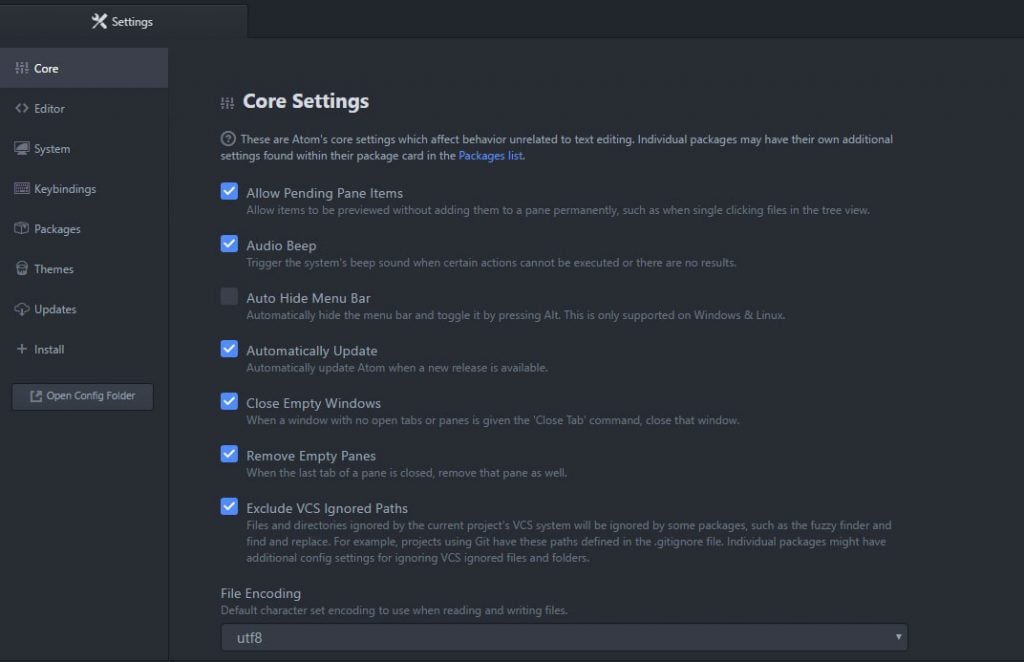 atom settings page