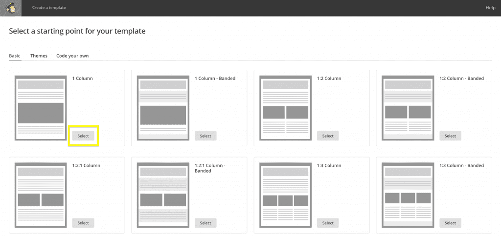 The template selection screen.