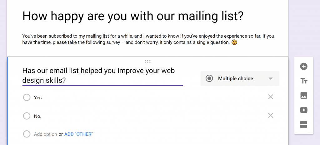 An example of a survey built using Google Forms.