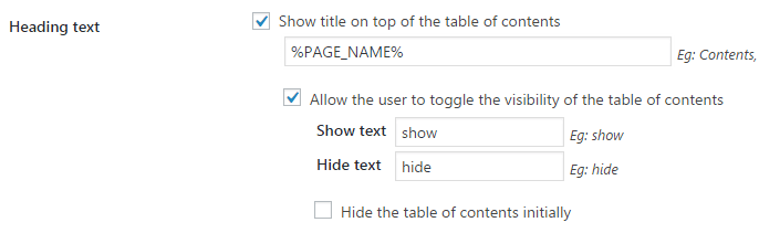 The Heading text and toggle settings.