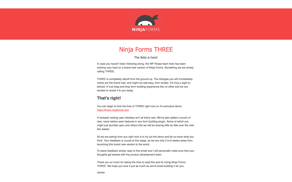 Ninja Forms prefer a minimalist approach to their newsletter design.