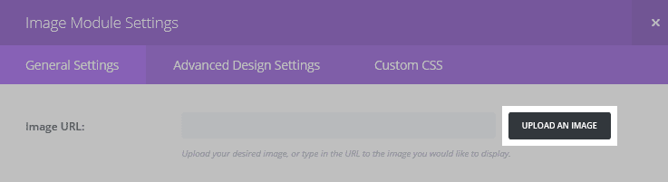 The Image Module Settings screen with the Upload an Image button highlighted