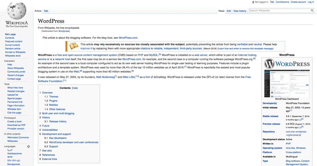 A wikipedia page, showing a table of contents.
