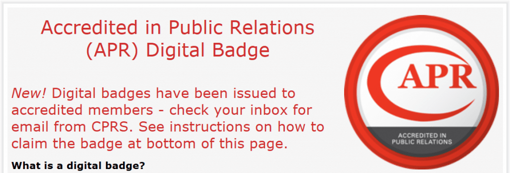 A public relations accreditation badge with a message to recipients