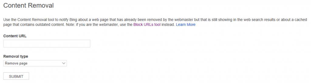 The Bing Content Removal Tool interface