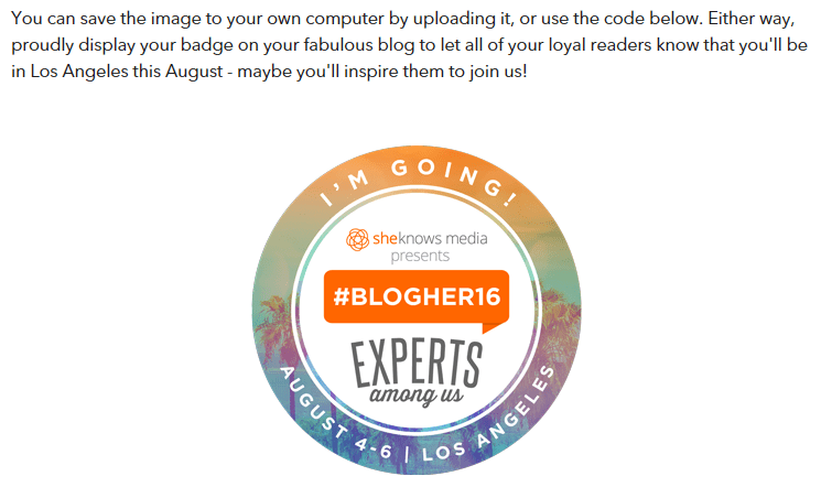 A BlogHer16 event attendee badge