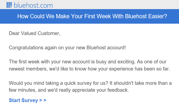 A messgae from Bluehost requesting a new user to take a survey