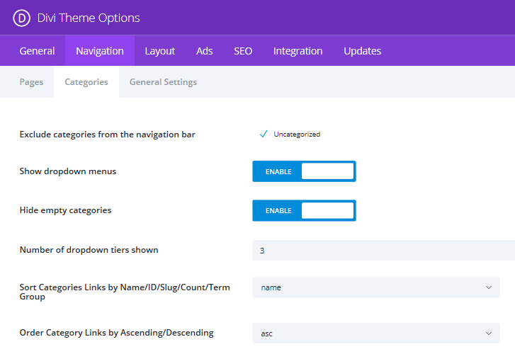 The Categories screen