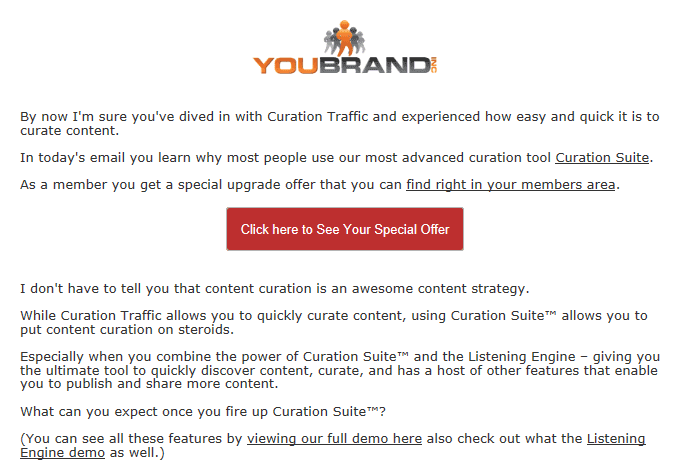 A Curation Suite email promoting an upgrade