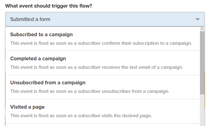 A section of the dropdown list of Drip trigger options