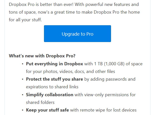 A Dropbox email asking the reader to upgrade to Dropbox Pro.