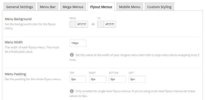 A section of the Flyout Menus tab