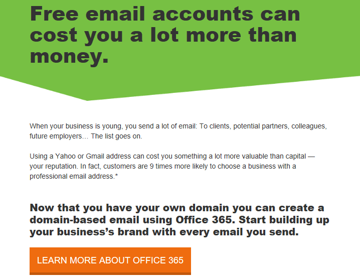 A GoDaddy email promoting Office 365 to new domain purchasers