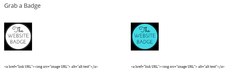 A Grab a Badge page with two different colored badges above their corresponding code.