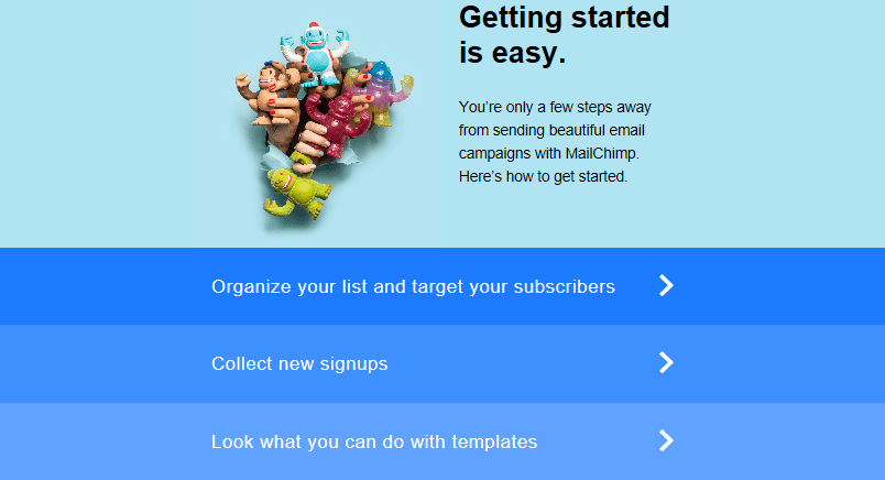 A MailChimp email with links for getting started with the platform