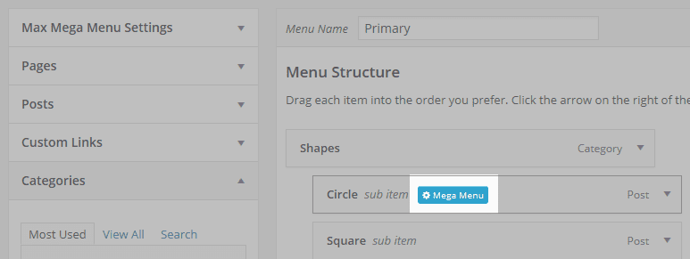 The Menu Structure section with Mega Menu highlighted
