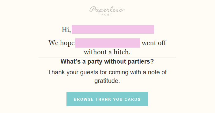 A Paperless Post message encouraging recent event hosts to buy thank you cards