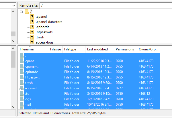 FTP client interface with all files and folders selected