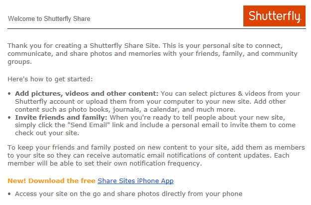 A Shutterfly welcome email for share site users encouraging them to download an app