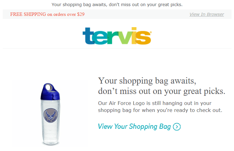 A Tervis abandoned shopping cart email