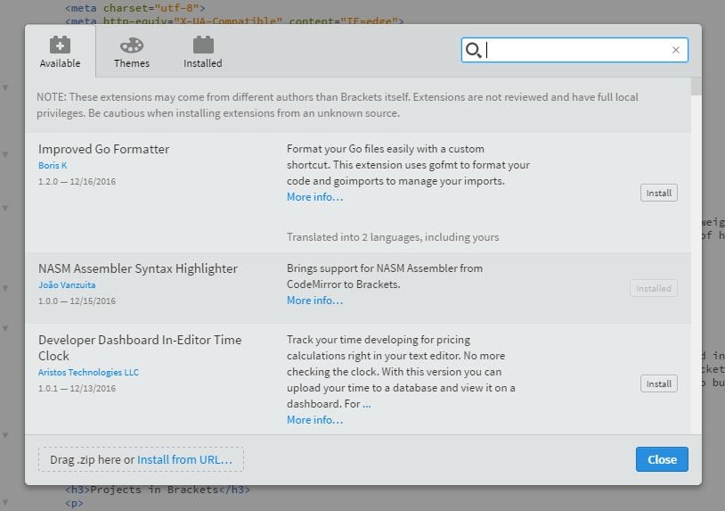 brackets extension manager